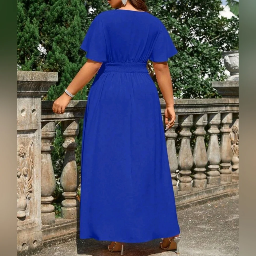 NEW Chic Ruched Waist Flutter Sleeve Maxi Dress PLUS Royal Blue